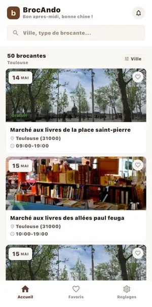 Aperçu de l’app Brocando : liste des brocantes proches